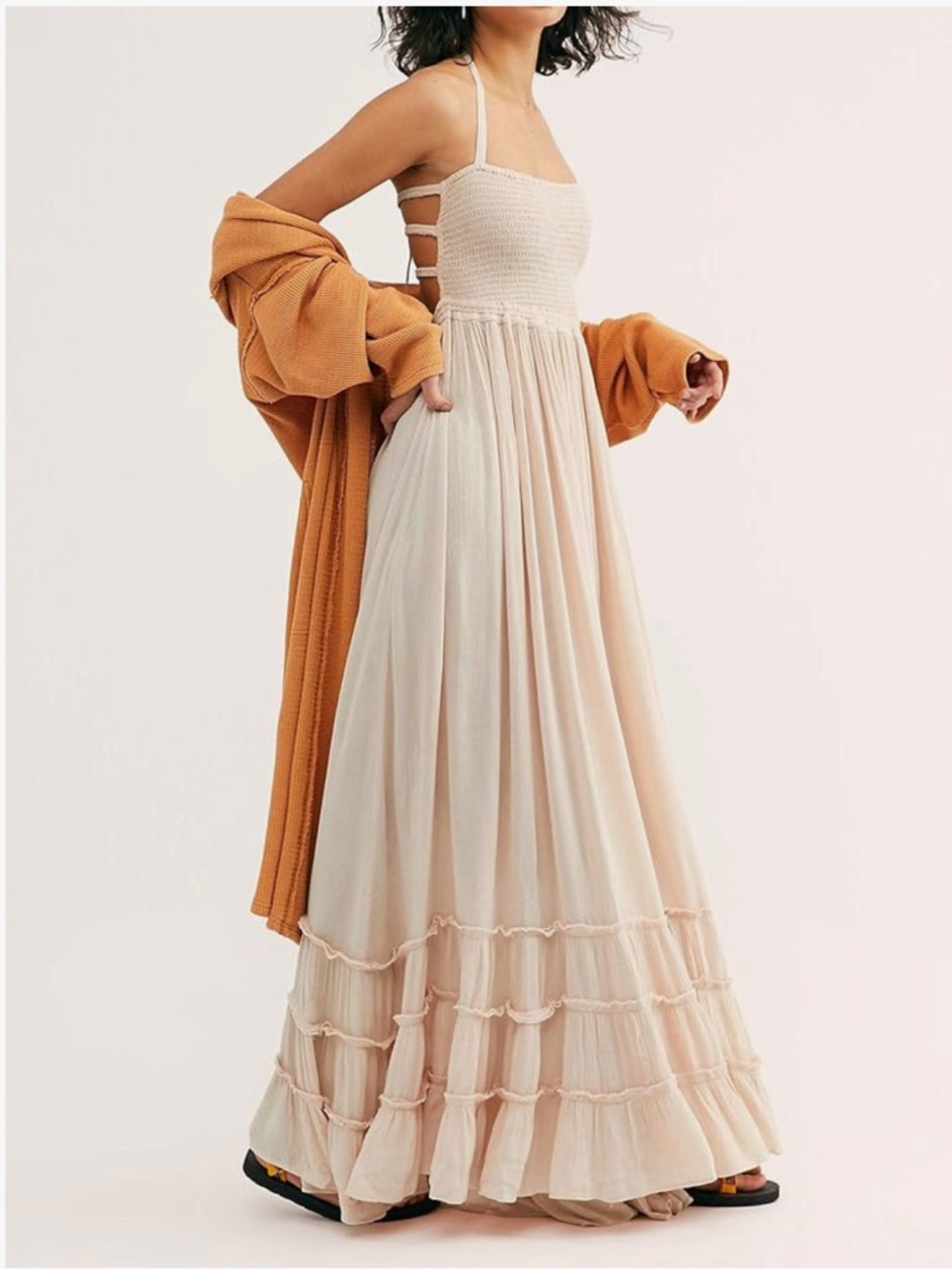 R.Vivimos Beige Rayon Cotton Maxi Dress Ruffle Layered Strappy Square Neck